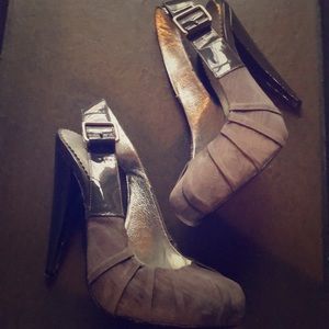 Grey fabric wrapped heels